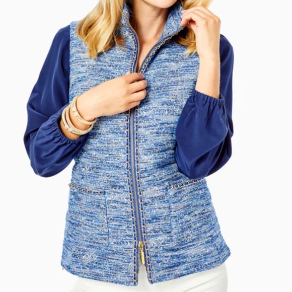 NWT Lilly Pulitzer Noella Resort Boucle Blue Vest Small Pockets Preppy Southern - Picture 3 of 11